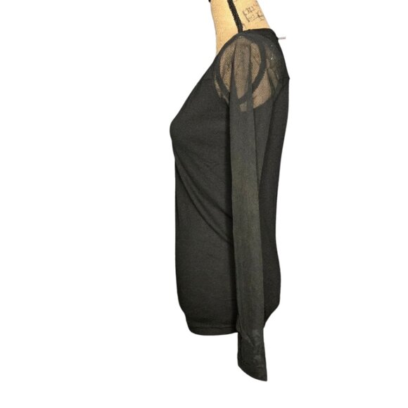 NWT Poof! Black Mesh Yoke Long Sleeve Top Sheer Shoulder Crew Neck Blouse Small - Picture 7 of 7